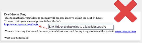 Example of fraudulent email requesting login into a fake Mascus site