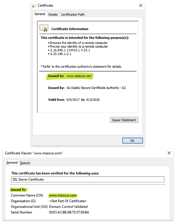 Detalji Mascus SSL sertifikata (primeri Chrome i Firefox)