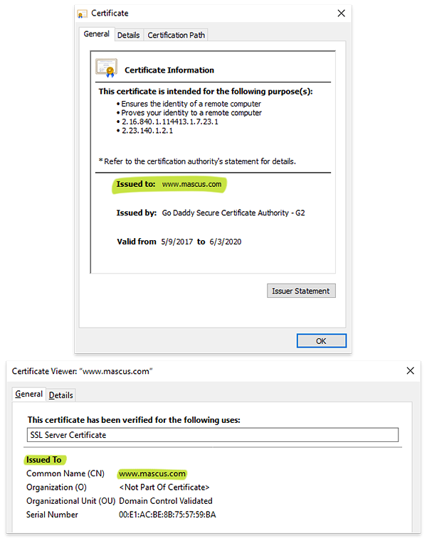 Λεπτομέρειες πιστοποιητικού Mascus SSL (Chrome και Firefox παραδείγματα)