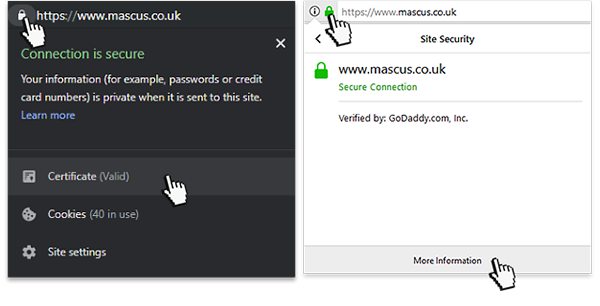 Zobrazení podrobností certifikátu Mascus v prohlížeči (příklady prohlížeče Chrome a Firefox)