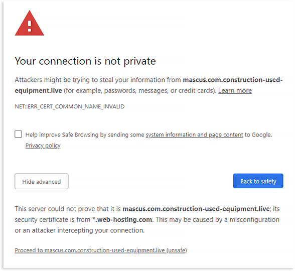 Aviso do navegador Google Chrome sobre o acesso a uma fonte potencialmente não confiável