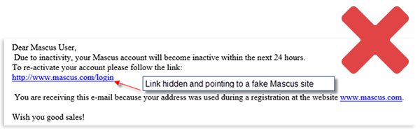 Příklad podvodného e-mailu vyžadujícího přihlášení do falešné stránky Mascus