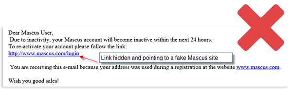 Παράδειγμα ψευδούς email που ζητά σύνδεση σε ένα ψεύτικο site Mascus