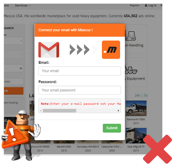 Example of fraudulent website resembling Mascus layout and prompting you to "connect your email with your Mascus account". Mascus DOES NOT offer this possibility, for security reasons!