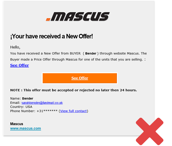 Příklad falešné „nabídky“. Pamatujte, že Mascus NEPOSÍLÁ takové e-maily!