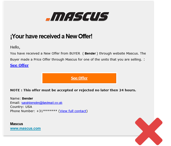 Example of a fake "offer". Remember that Mascus DOES NOT send such e-mails!